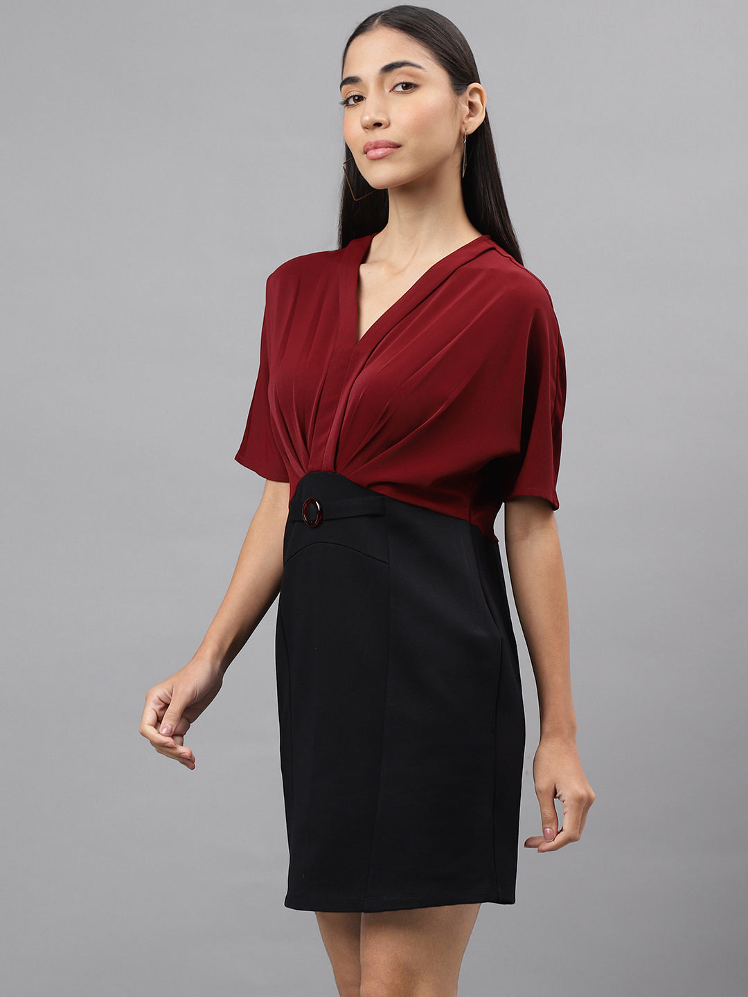 Maroon Half Sleeve V-Neck Solid 2 Fir 1 Dress