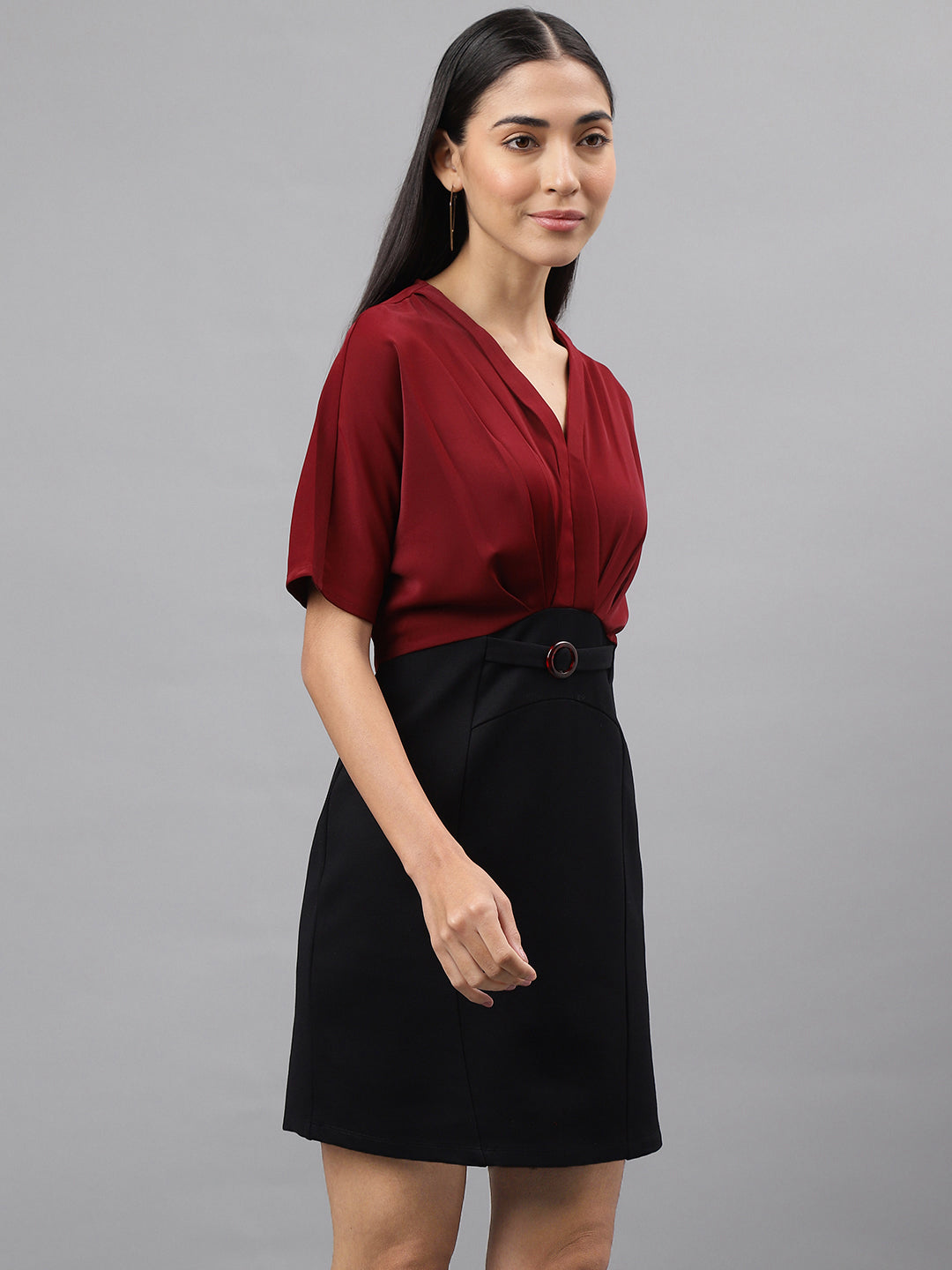 Maroon Half Sleeve V-Neck Solid 2 Fir 1 Dress