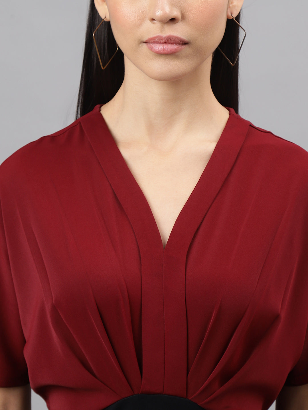 Maroon Half Sleeve V-Neck Solid 2 Fir 1 Dress