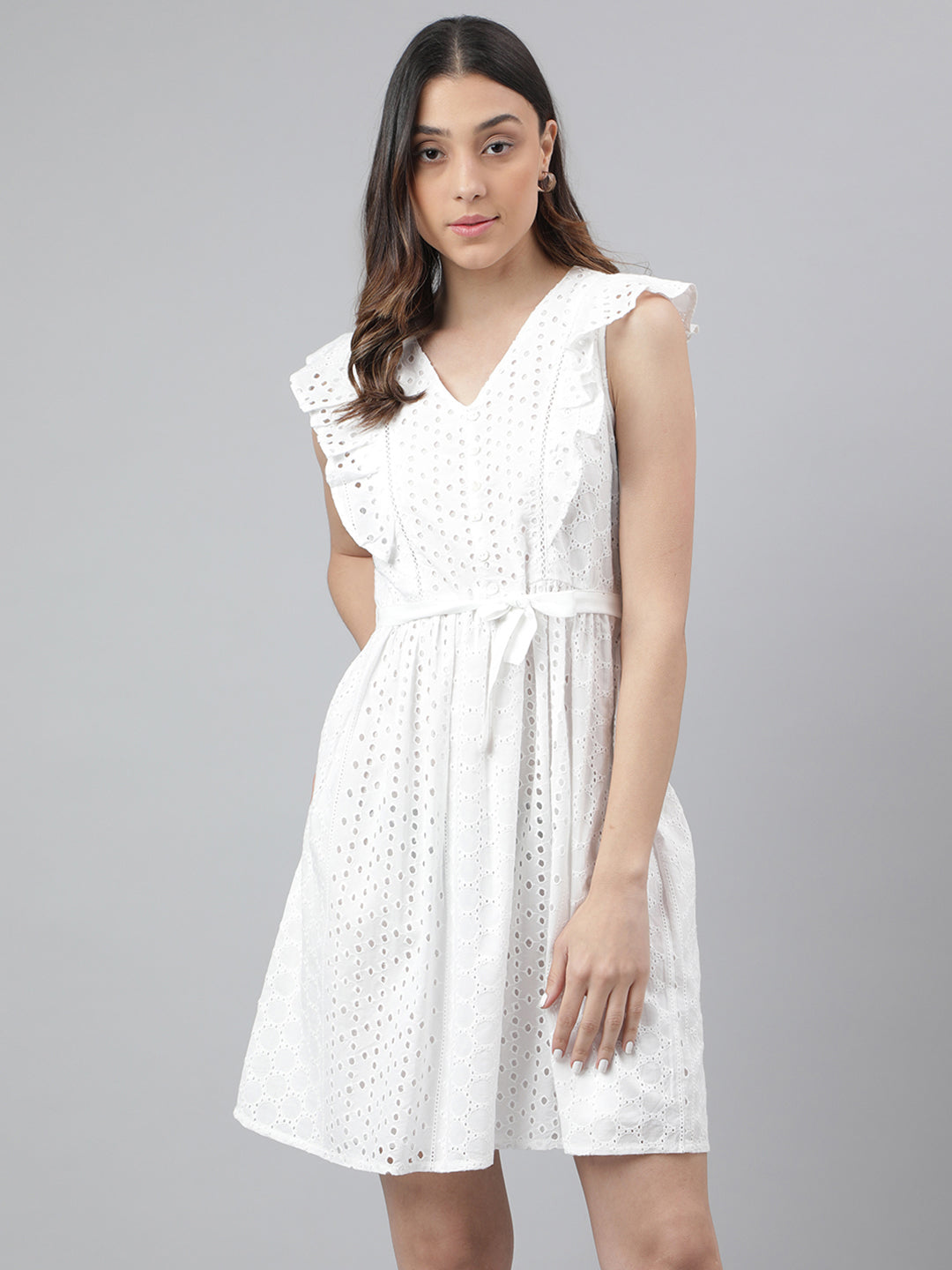 White Cap Sleeve V-Neck Solid A-Line Women Dress for Casual