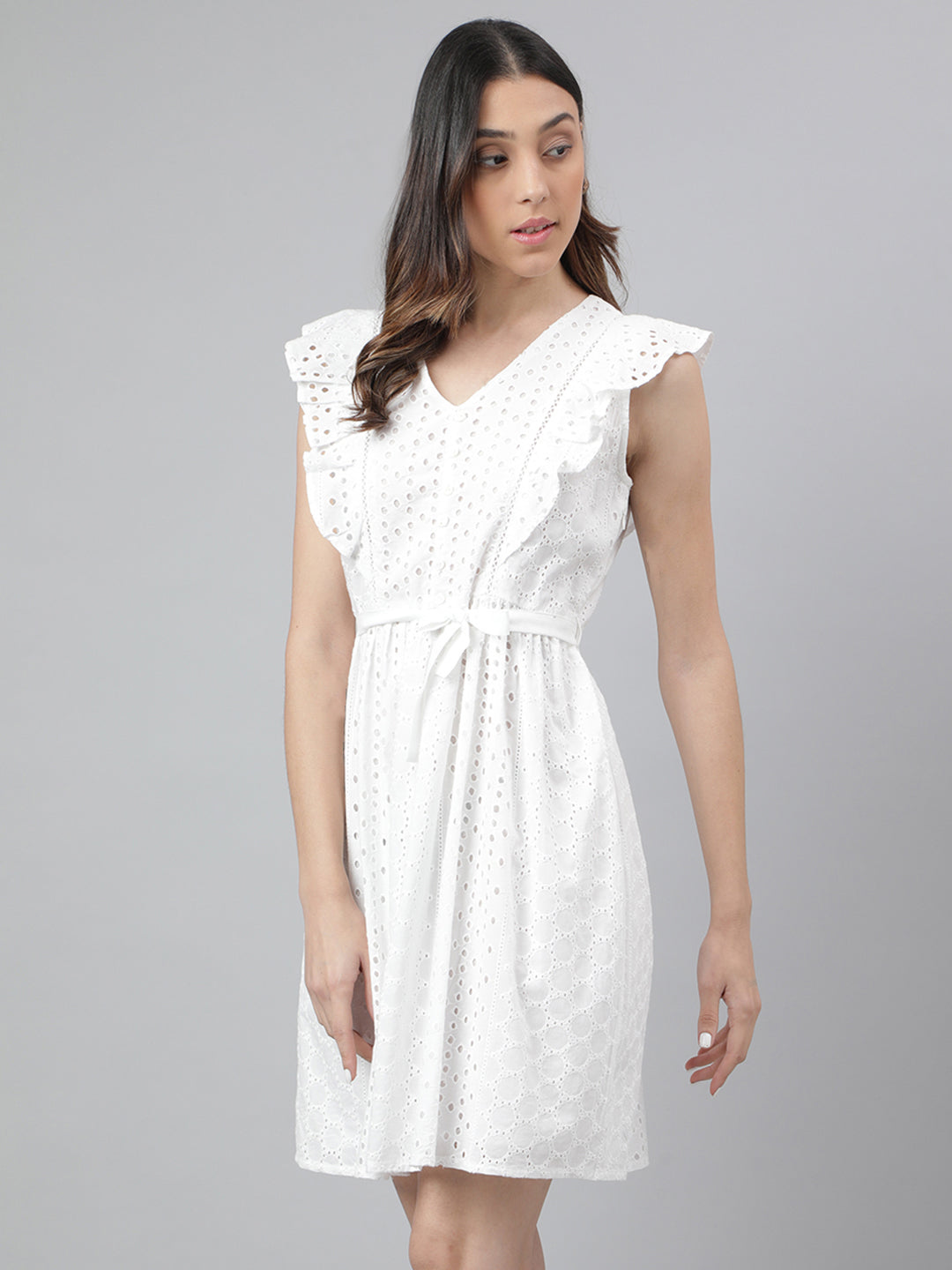 White Cap Sleeve V-Neck Solid A-Line Women Dress For Casual