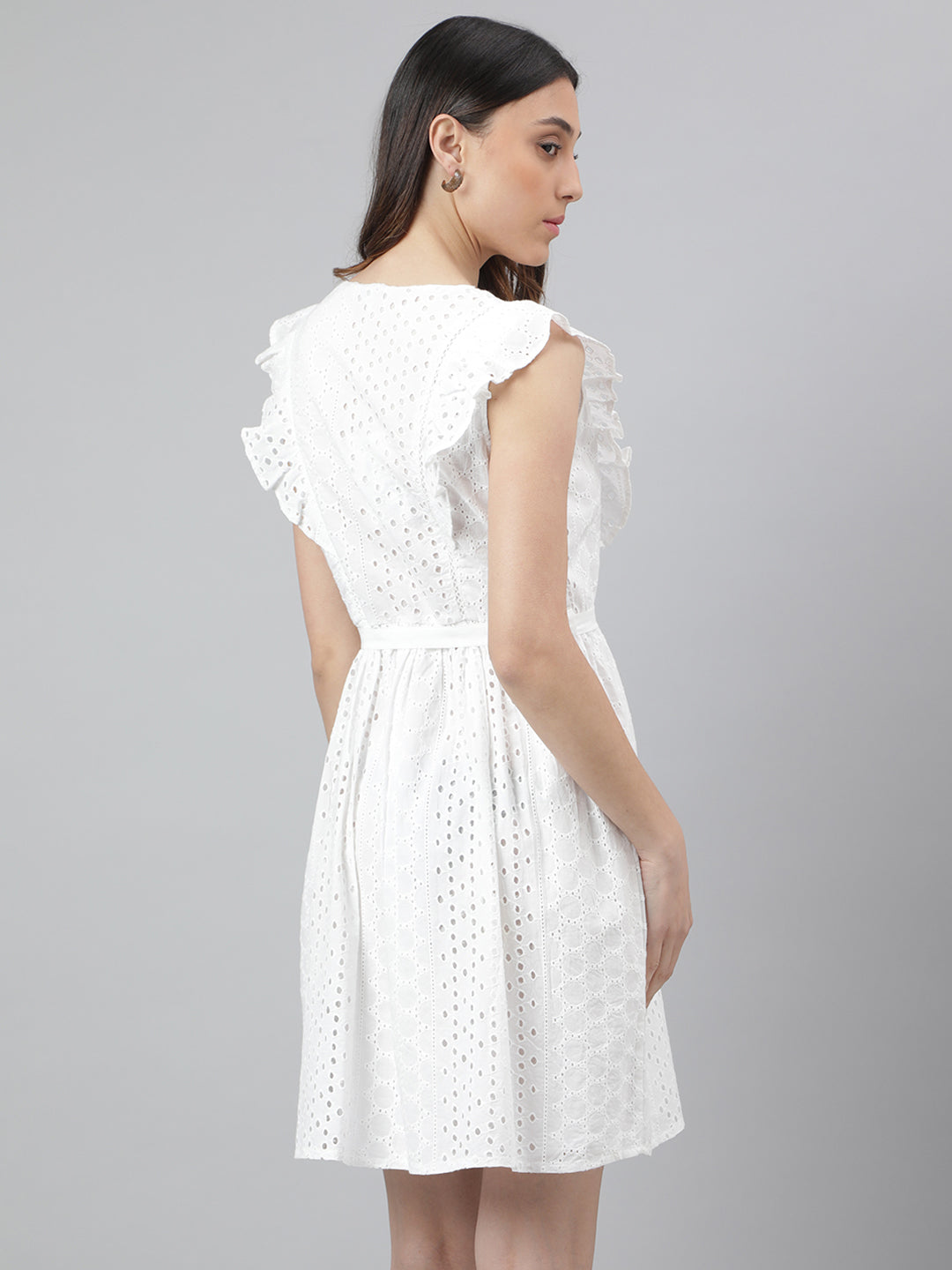 White Cap Sleeve V-Neck Solid A-Line Women Dress For Casual