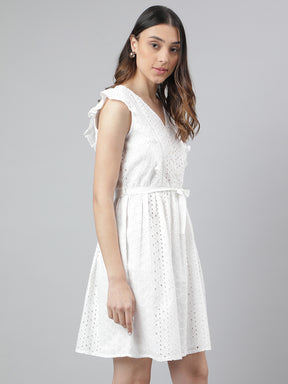 White Cap Sleeve V-Neck Solid A-Line Women Dress for Casual