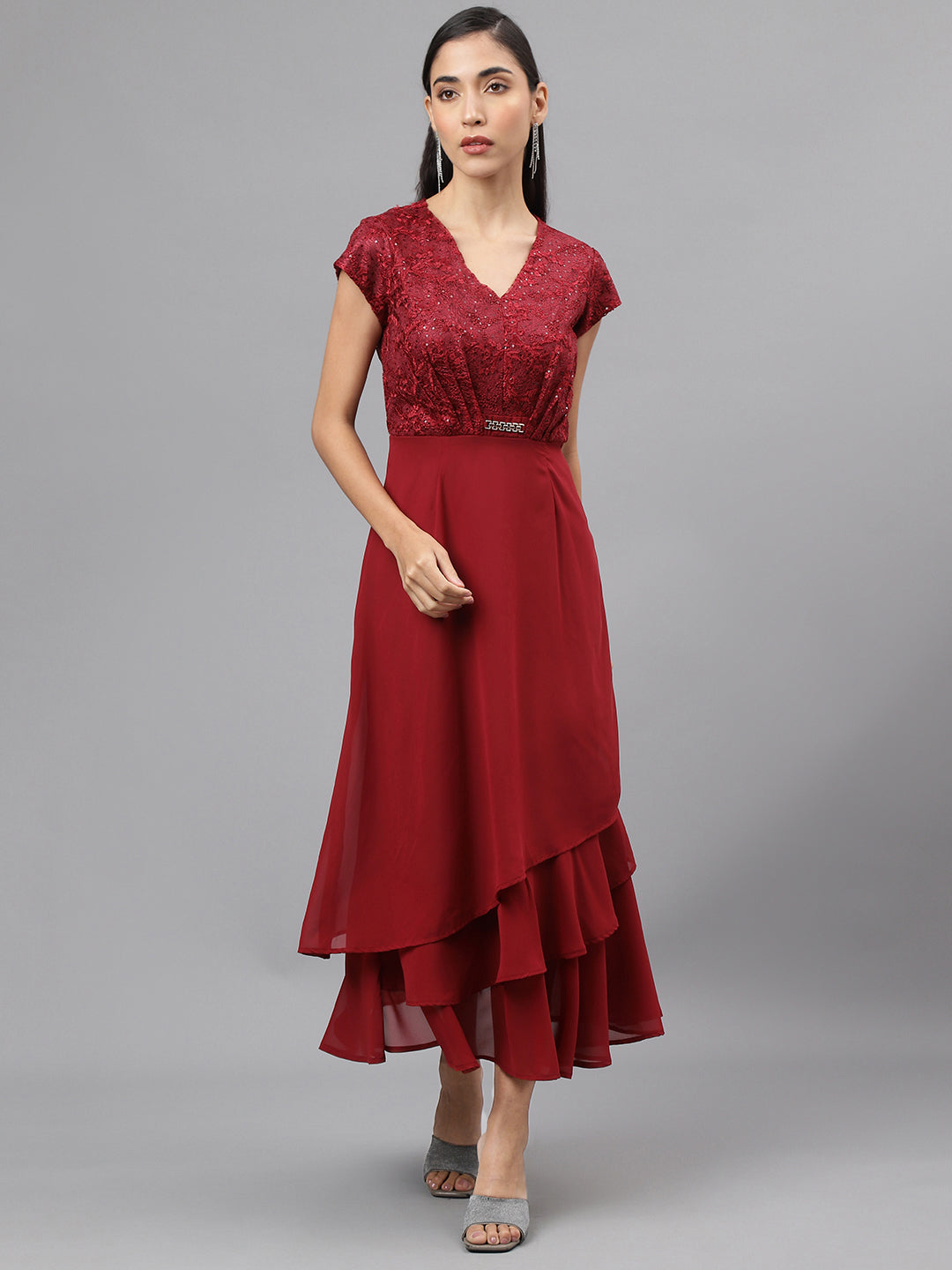 Red Cap Sleeve V Neck Solid Maxi Dress