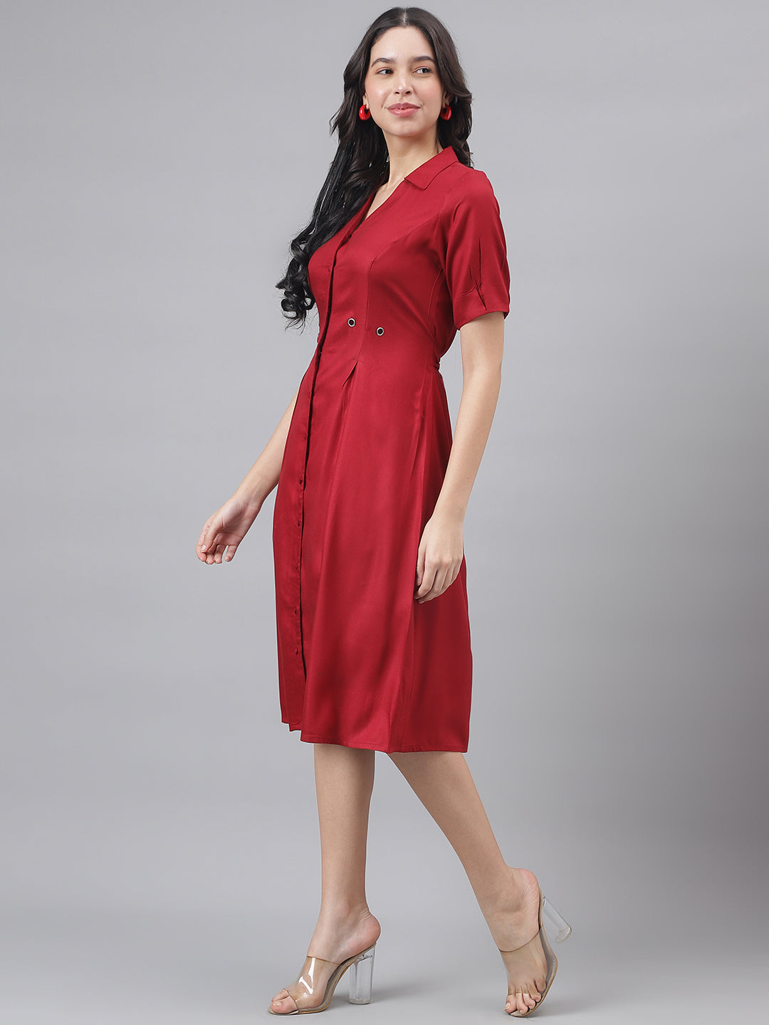 Maroon Half Sleeve Shirt Collar Women Shirt Dress