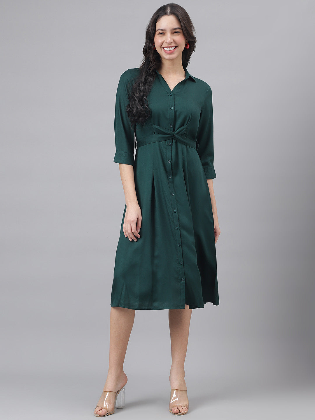 Green 3/4 Sleeve Shirt Collar Women Shirt Dress