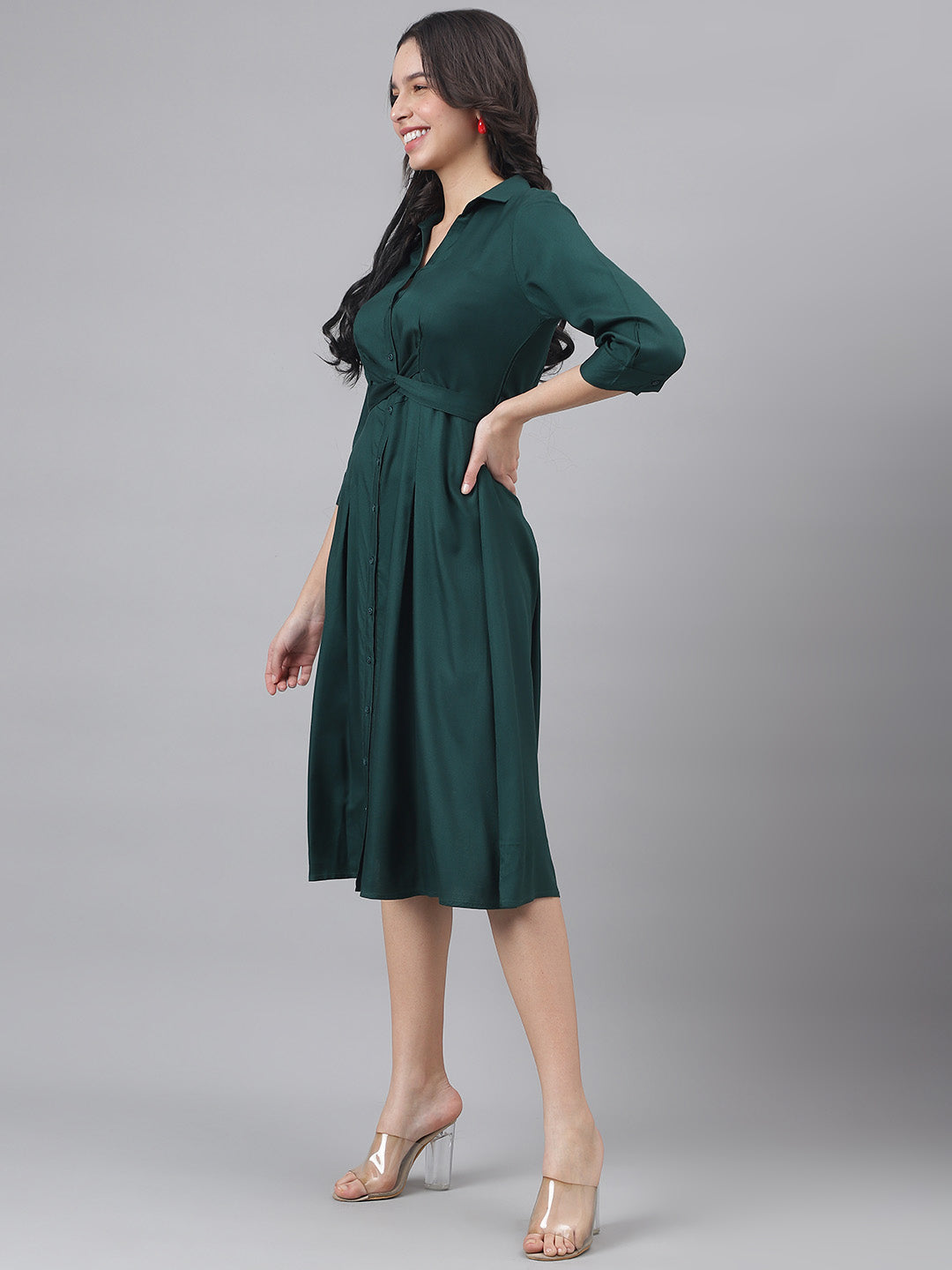 Green 3/4 Sleeve Shirt Collar Women Shirt Dress
