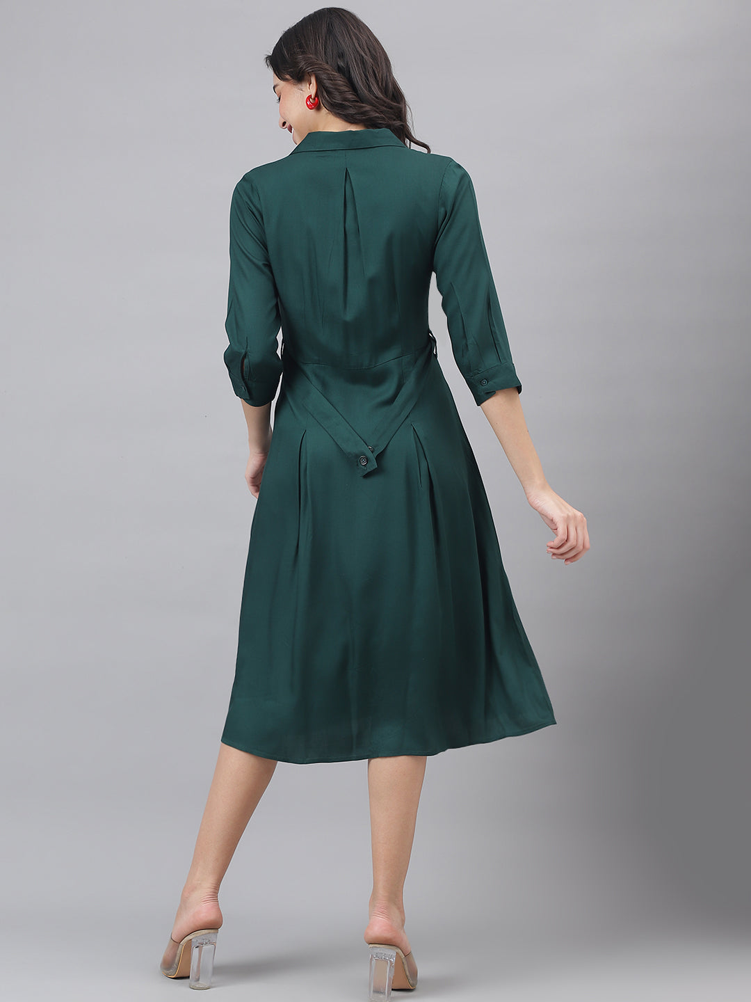 Green 3/4 Sleeve Shirt Collar Women Shirt Dress
