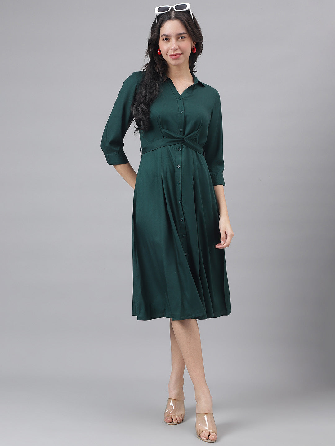 Green 3/4 Sleeve Shirt Collar Women Shirt Dress