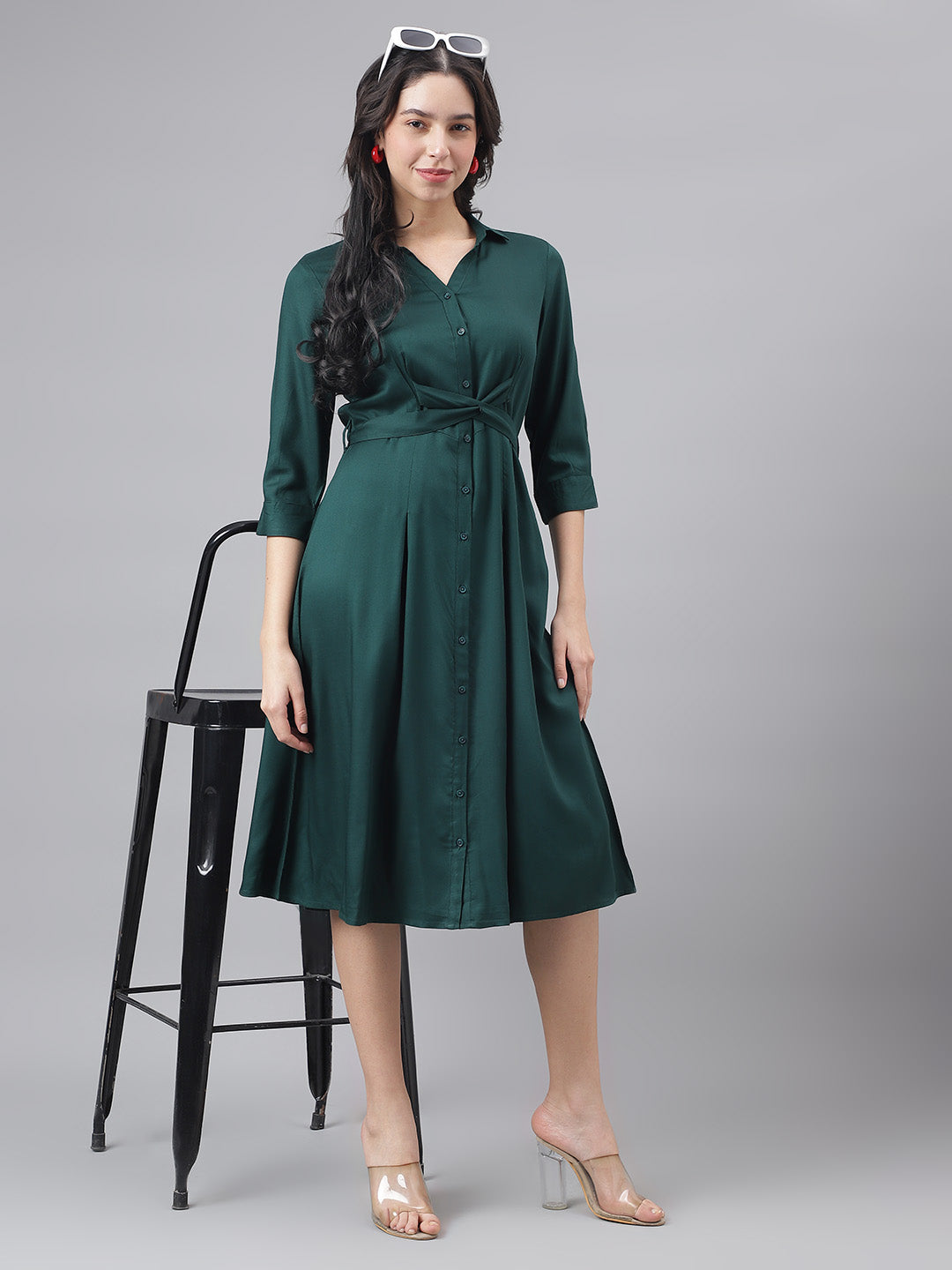 Green 3/4 Sleeve Shirt Collar Women Shirt Dress