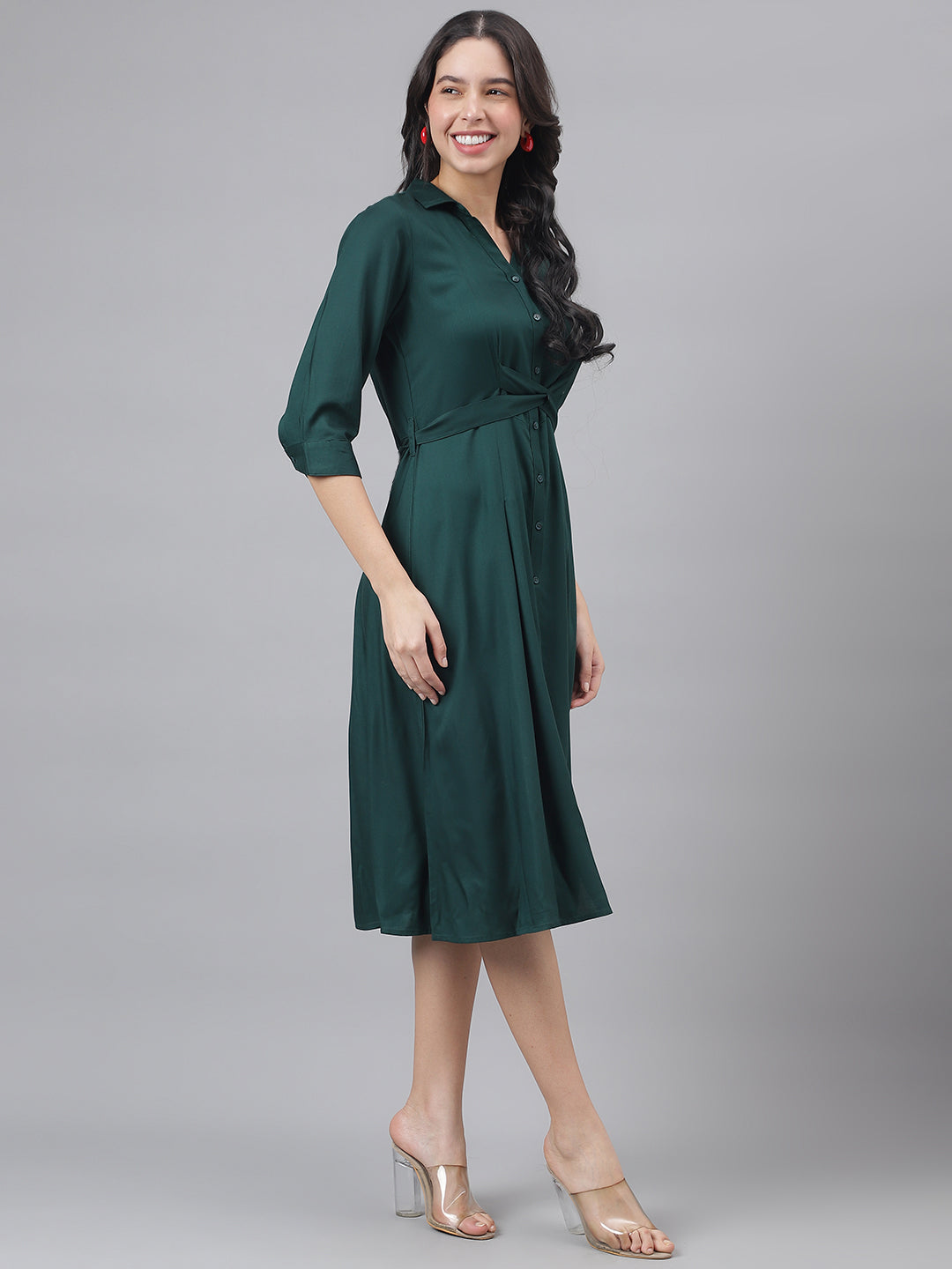 Green 3/4 Sleeve Shirt Collar Women Shirt Dress