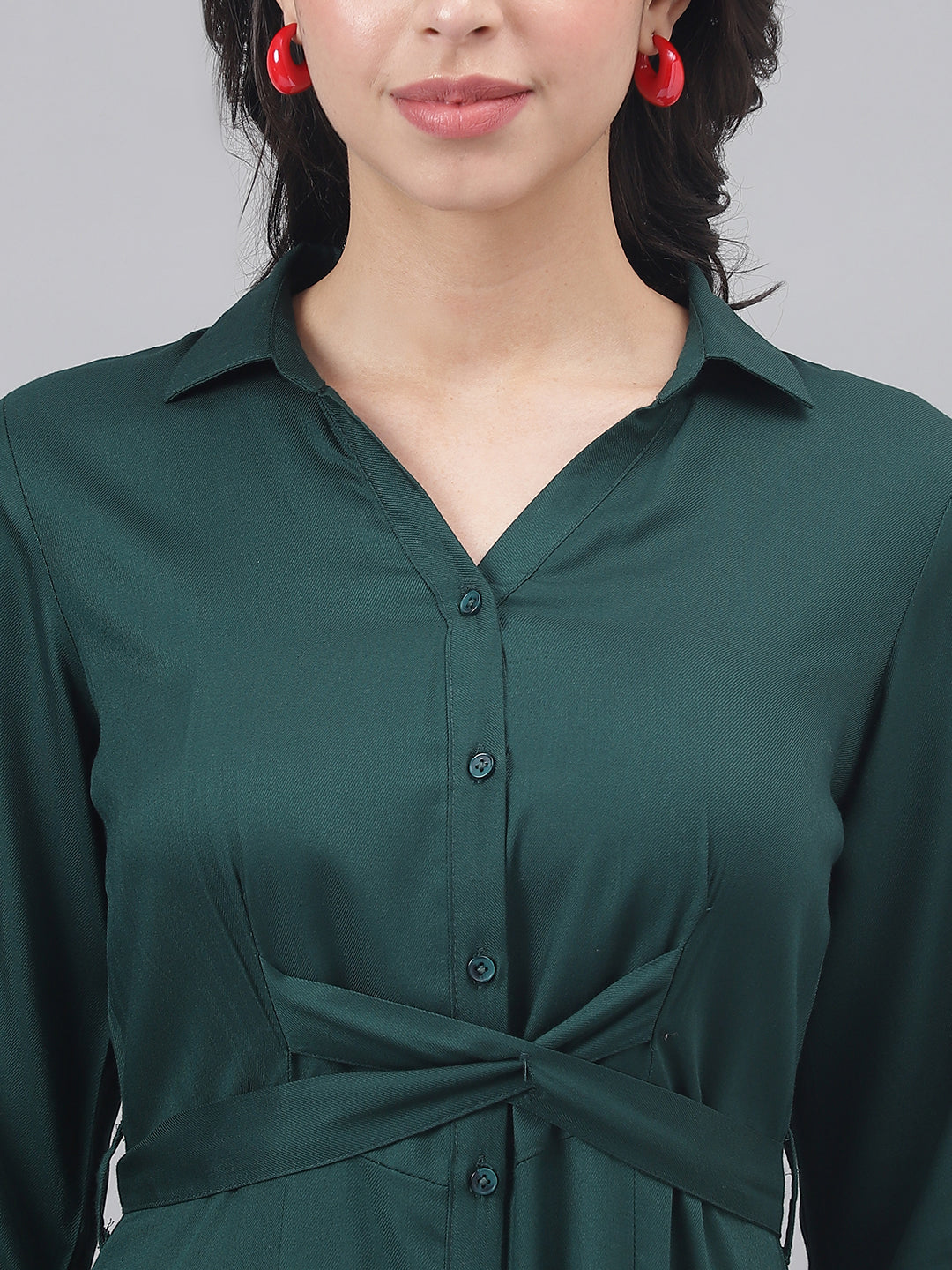 Green 3/4 Sleeve Shirt Collar Women Shirt Dress