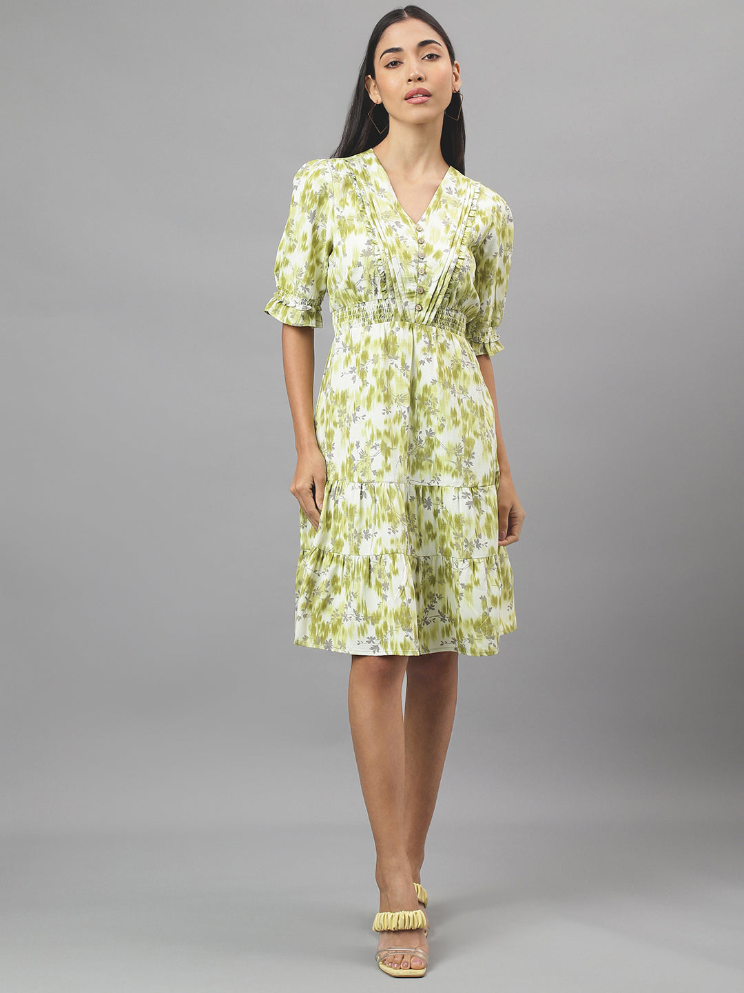 Green 3/4 Sleeve V-Neck Floral Print A-Line Dress