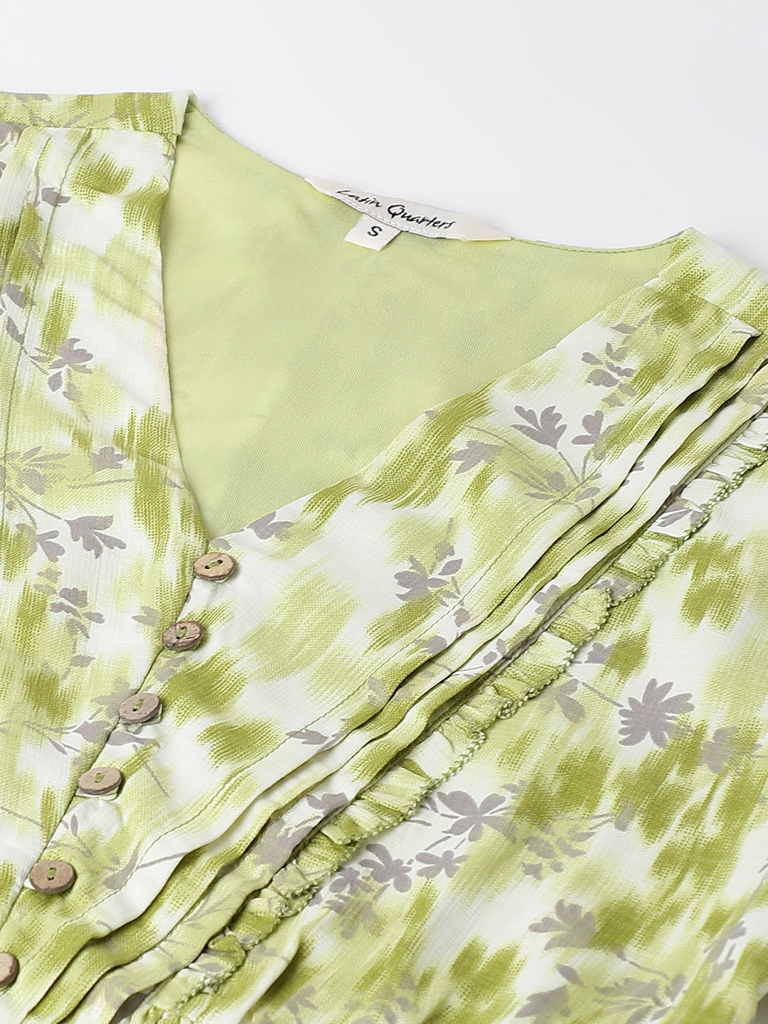 Green 3/4 Sleeve V-Neck Floral Print A-Line Dress