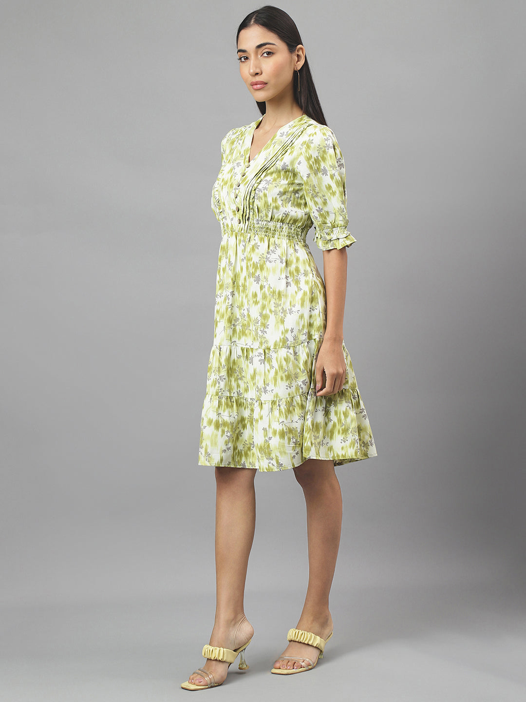 Green 3/4 Sleeve V-Neck Floral Print A-Line Dress