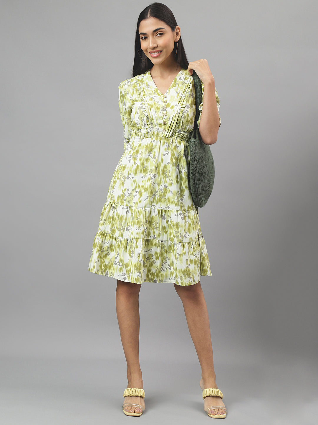 Green 3/4 Sleeve V-Neck Floral Print A-Line Dress