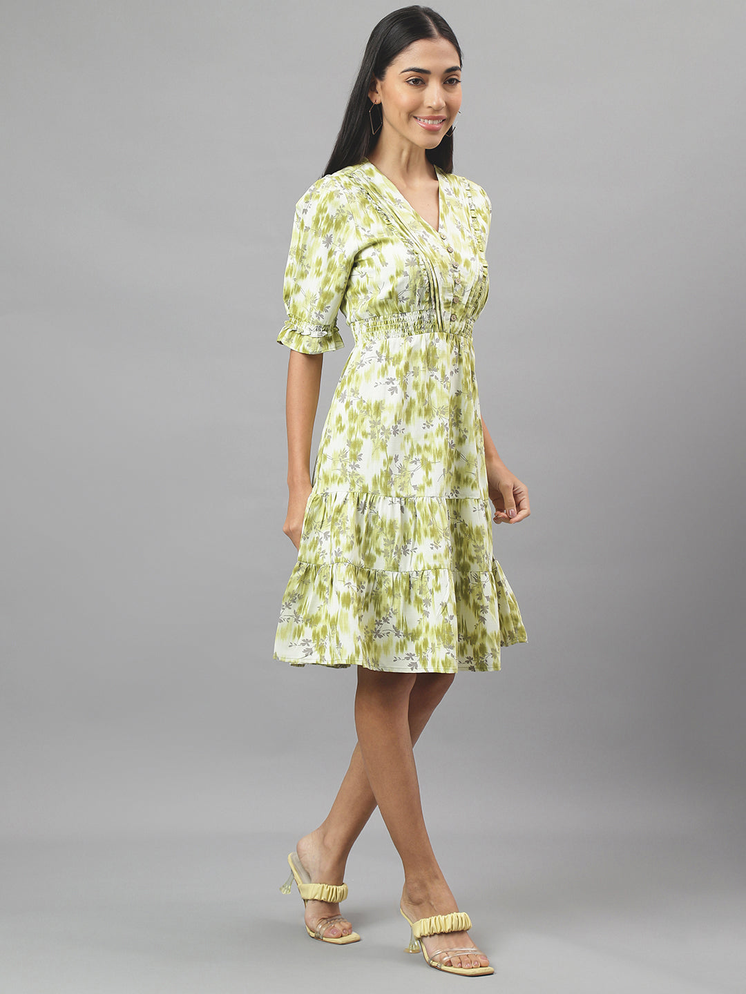 Green 3/4 Sleeve V-Neck Floral Print A-Line Dress