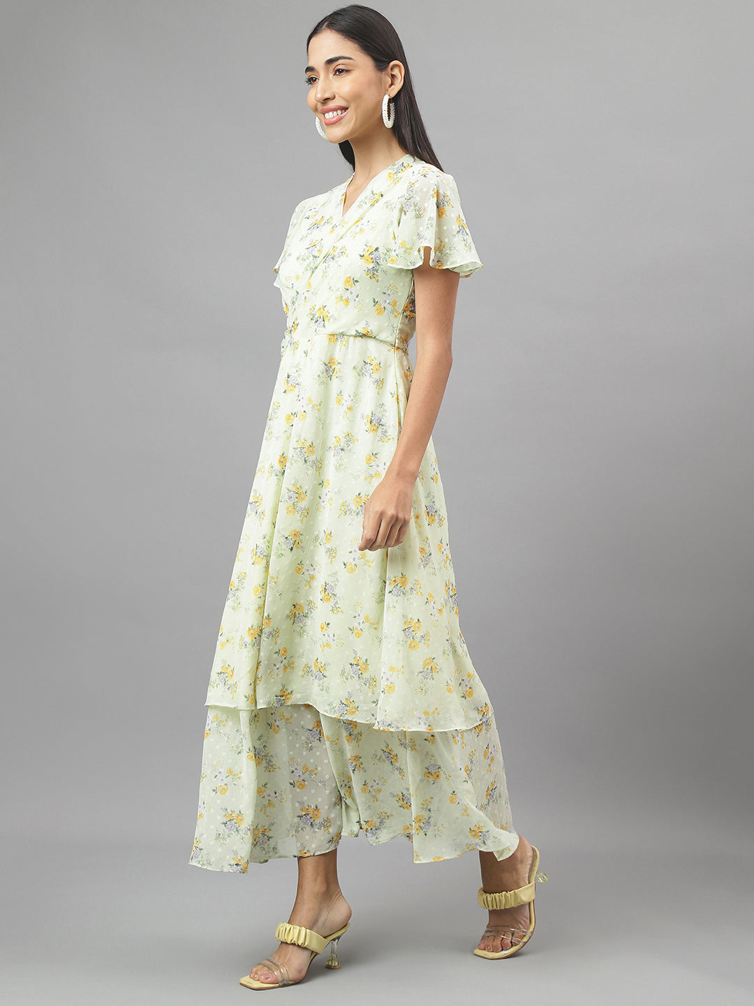 Green Half Sleeve V-Neck Floral Print Maxi Dress