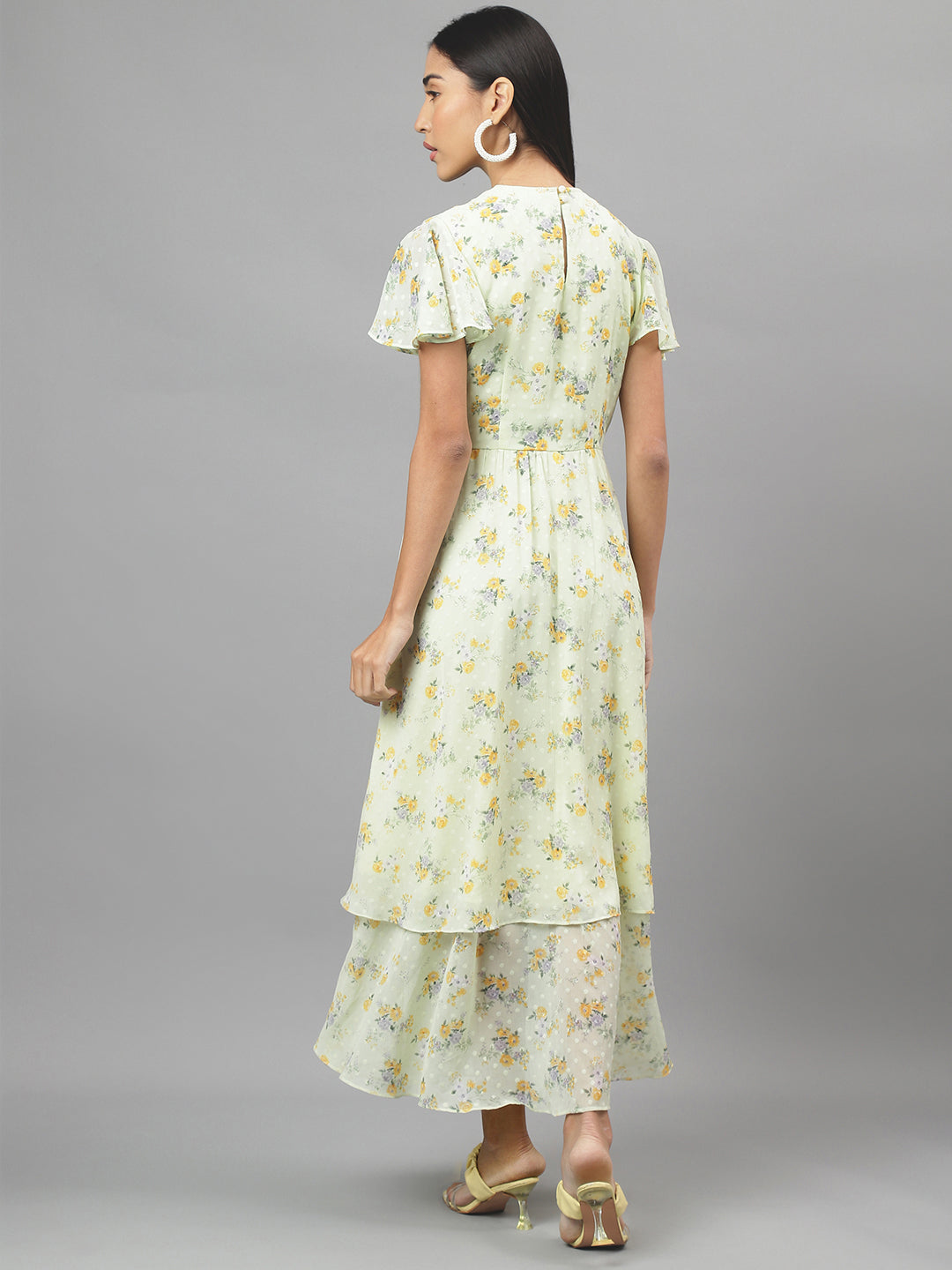 Green Half Sleeve V-Neck Floral Print Maxi Dress