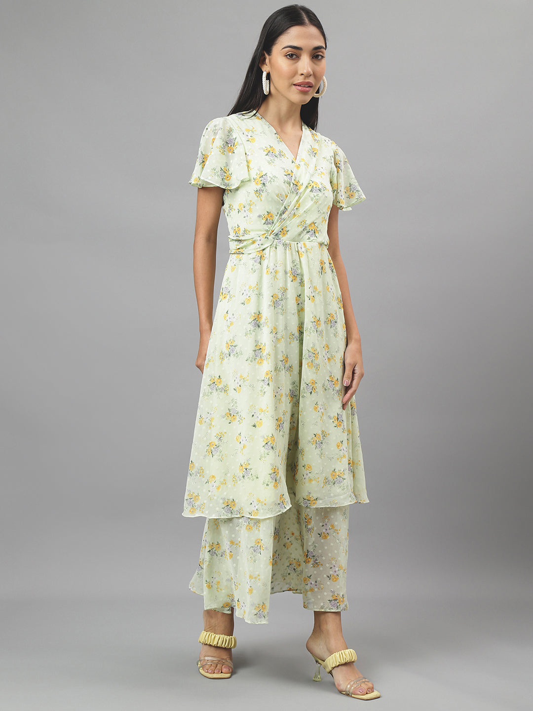 Green Half Sleeve V-Neck Floral Print Maxi Dress