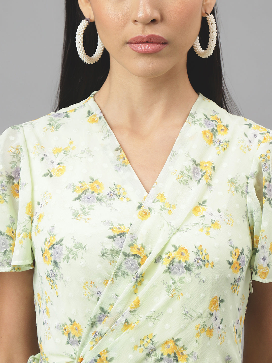 Green Half Sleeve V-Neck Floral Print Maxi Dress