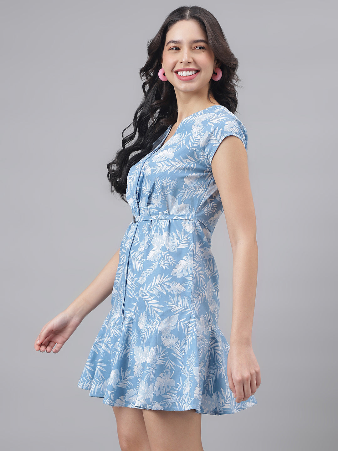 Blue Cap Sleeve V-Neck Women A-Line Dress