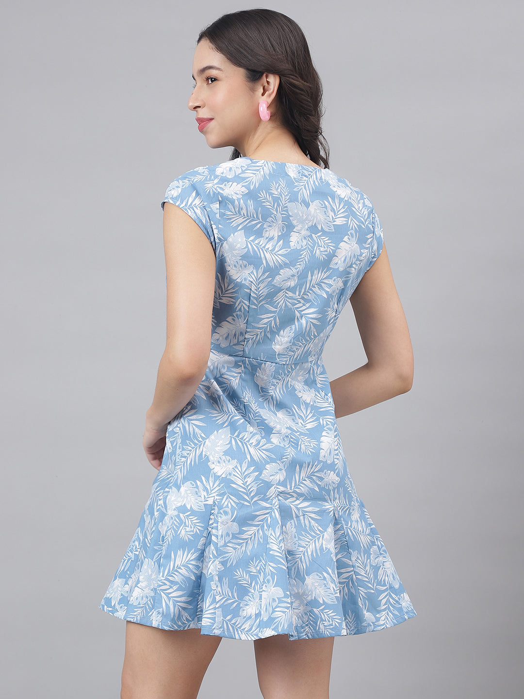 Blue Cap Sleeve V-Neck Women A-Line Dress