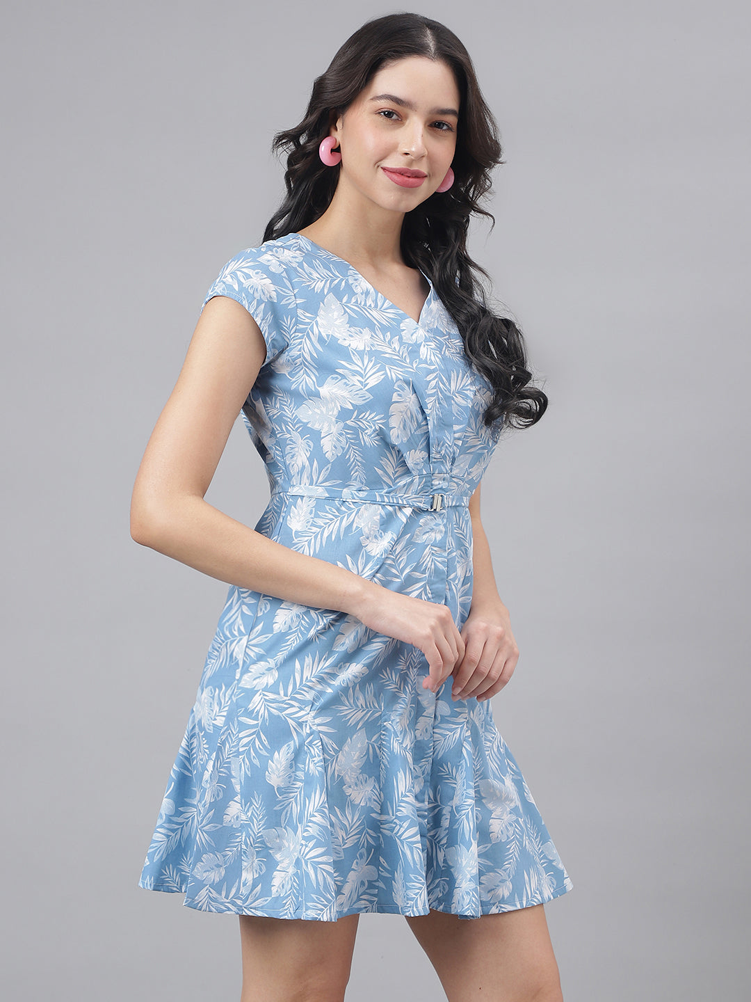 Blue Cap Sleeve V-Neck Women A-Line Dress