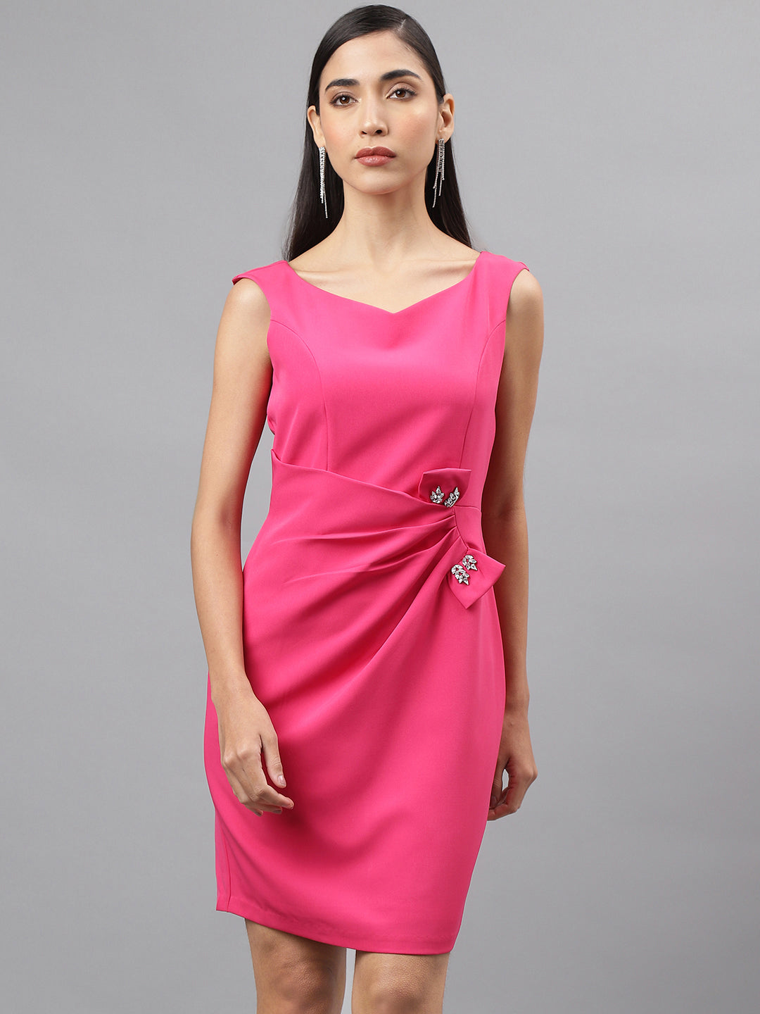 Pink Cap Sleeve V-Neck Solid Shift Dress