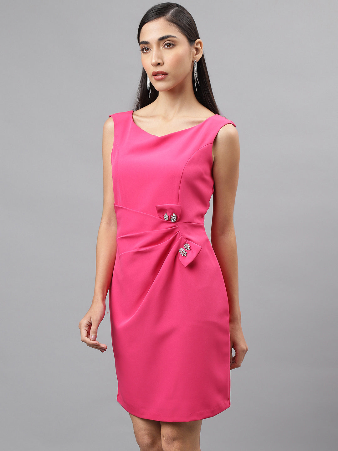 Pink Cap Sleeve V-Neck Solid Shift Dress