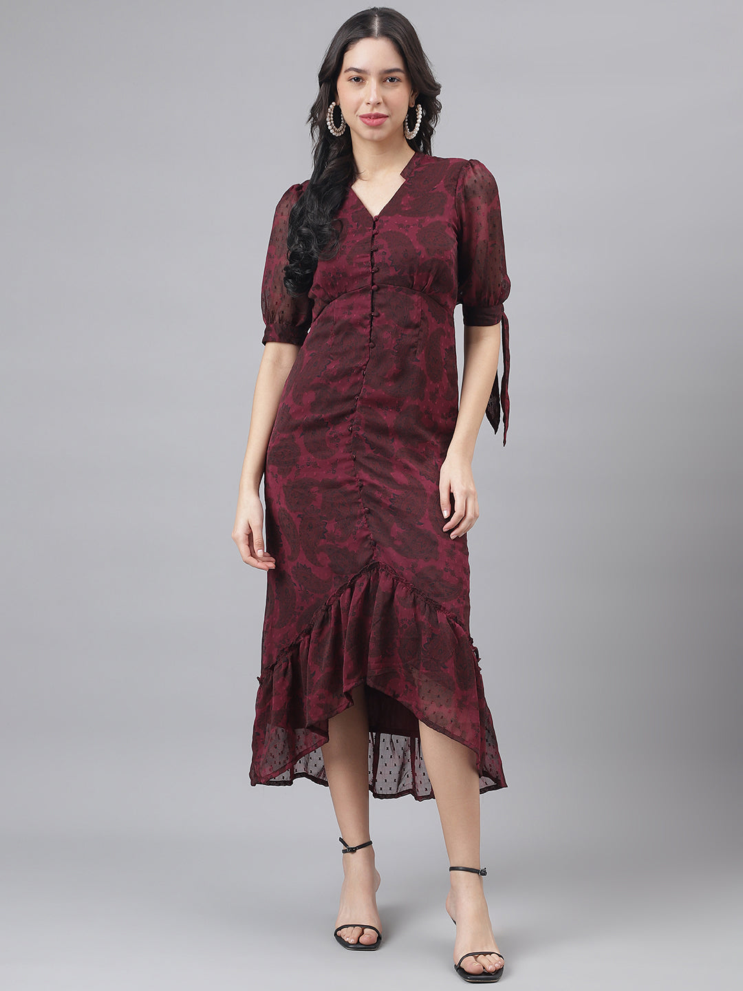 Maroon Half Sleeve V-Neck Women High Low Dress