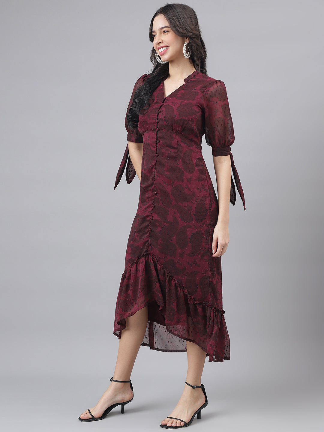 Maroon Half Sleeve V-Neck Women High Low Dress