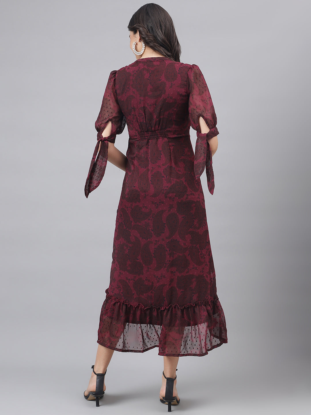 Maroon Half Sleeve V-Neck Women High Low Dress