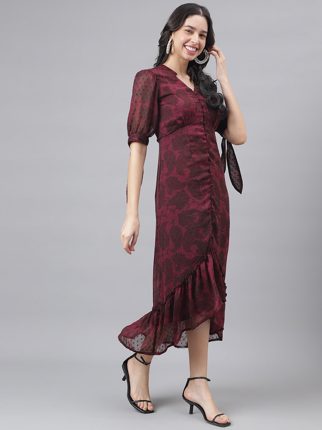 Maroon Half Sleeve V-Neck Women High Low Dress