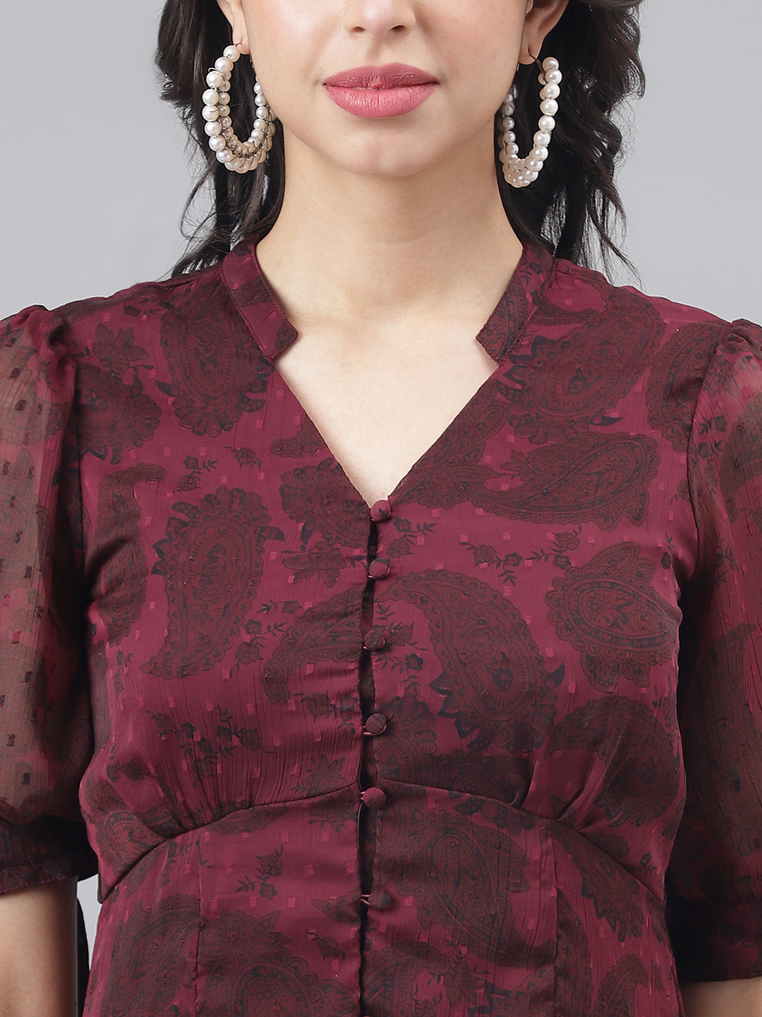 Maroon Half Sleeve V-Neck Women High Low Dress