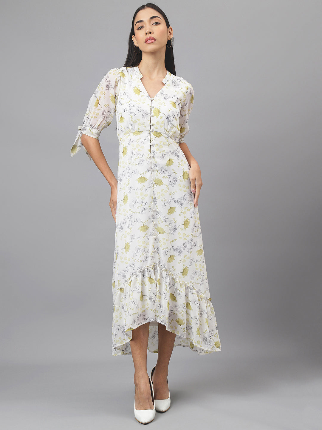 Green Half Sleeve V-Neck Floral Print High Low Dress