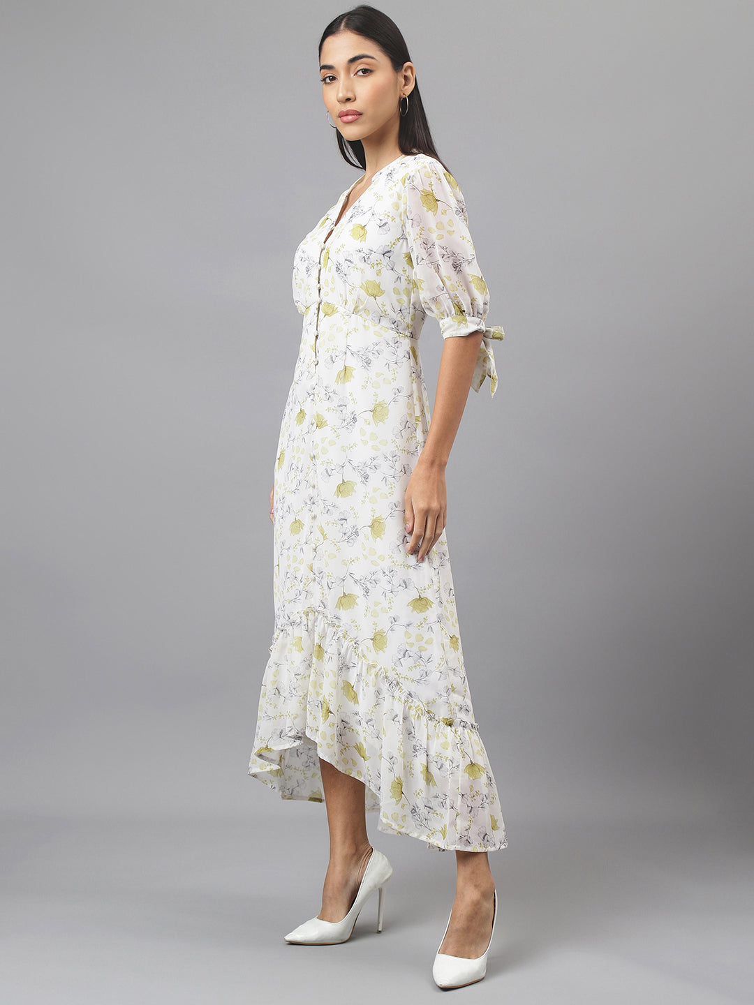 Green Half Sleeve V-Neck Floral Print High Low Dress