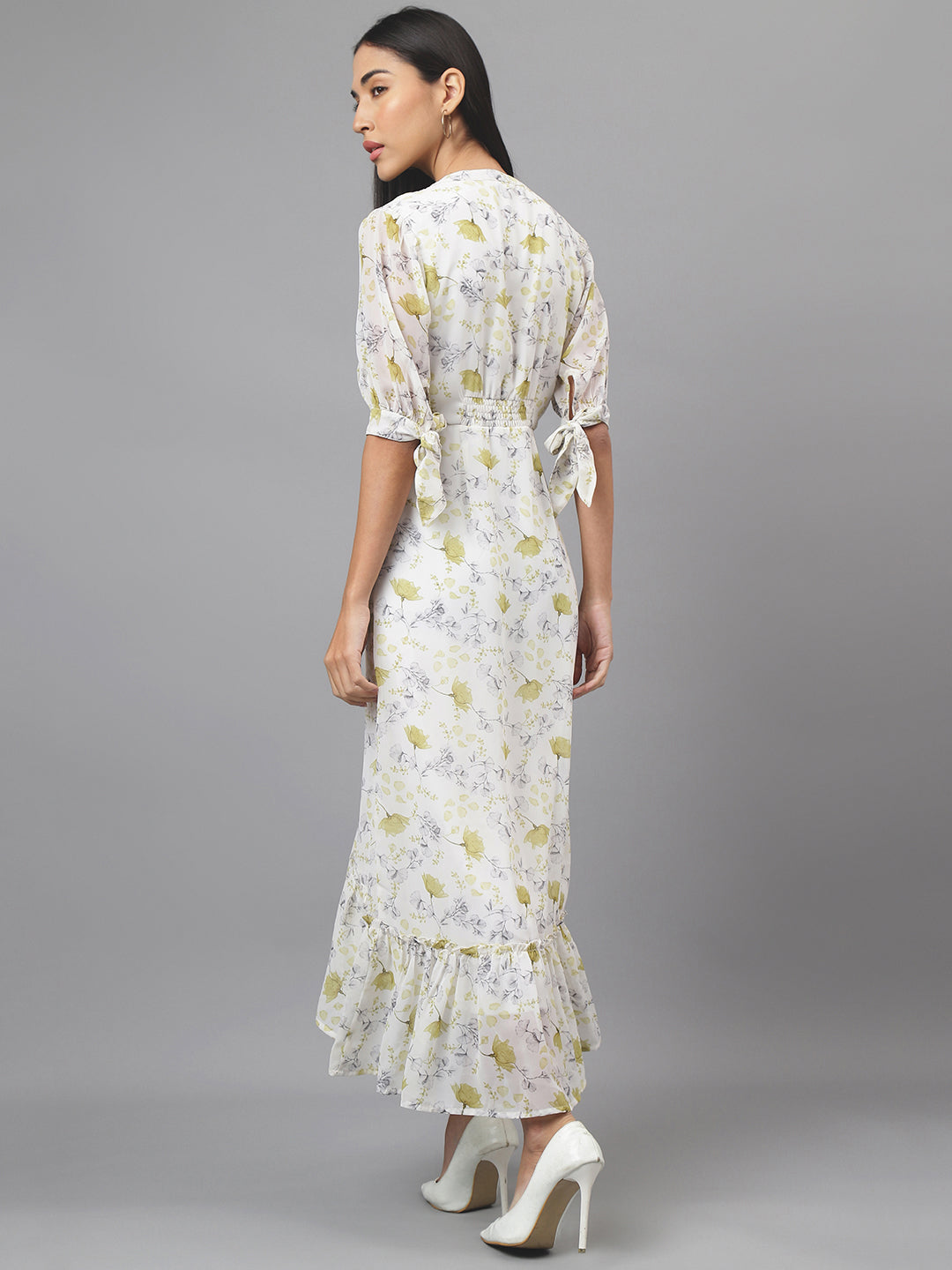 Green Half Sleeve V-Neck Floral Print High Low Dress