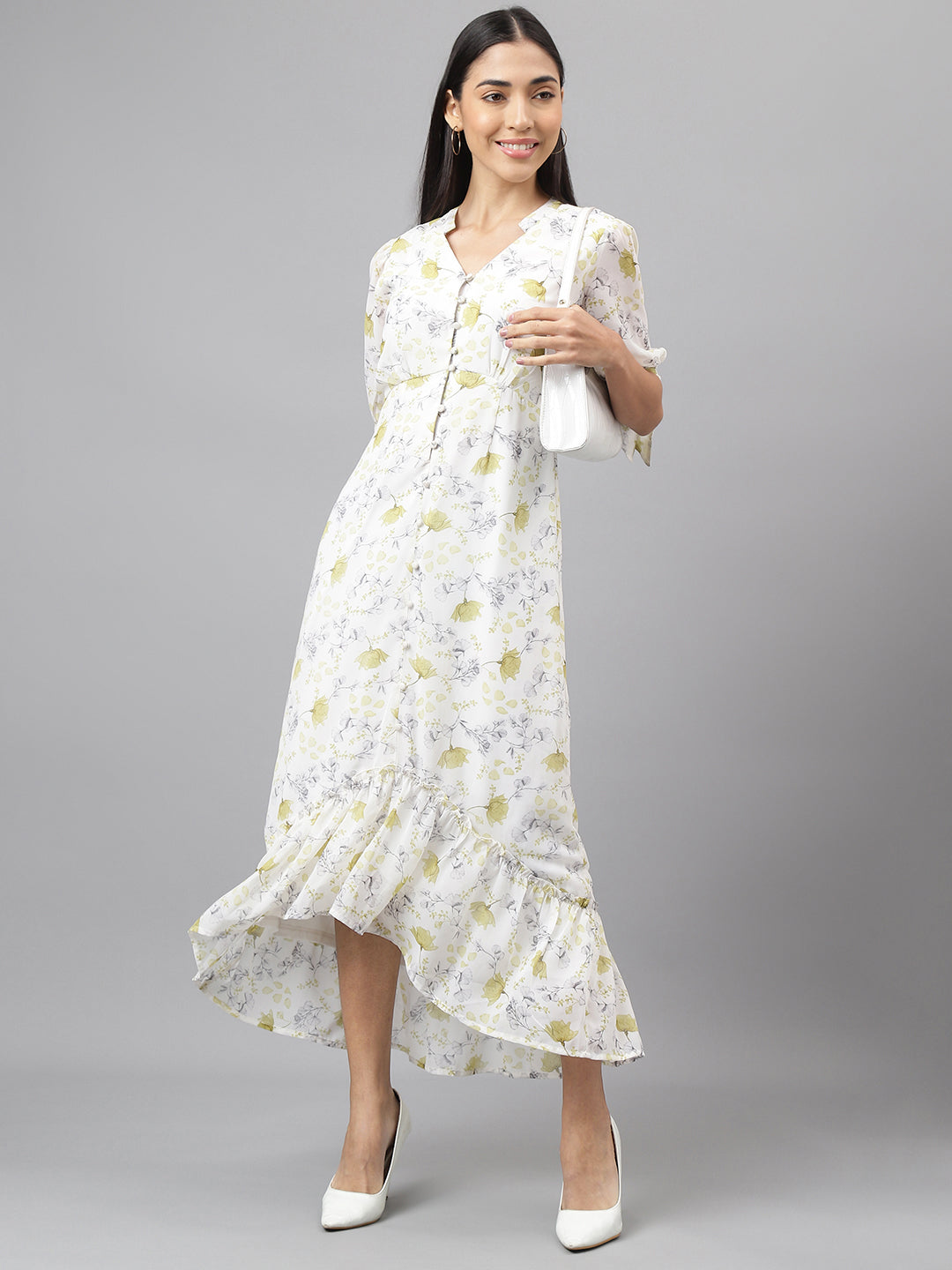 Green Half Sleeve V-Neck Floral Print High Low Dress