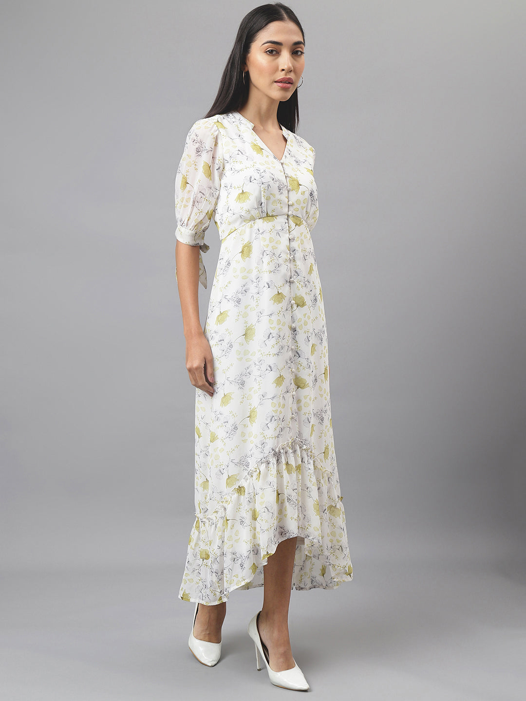 Green Half Sleeve V-Neck Floral Print High Low Dress
