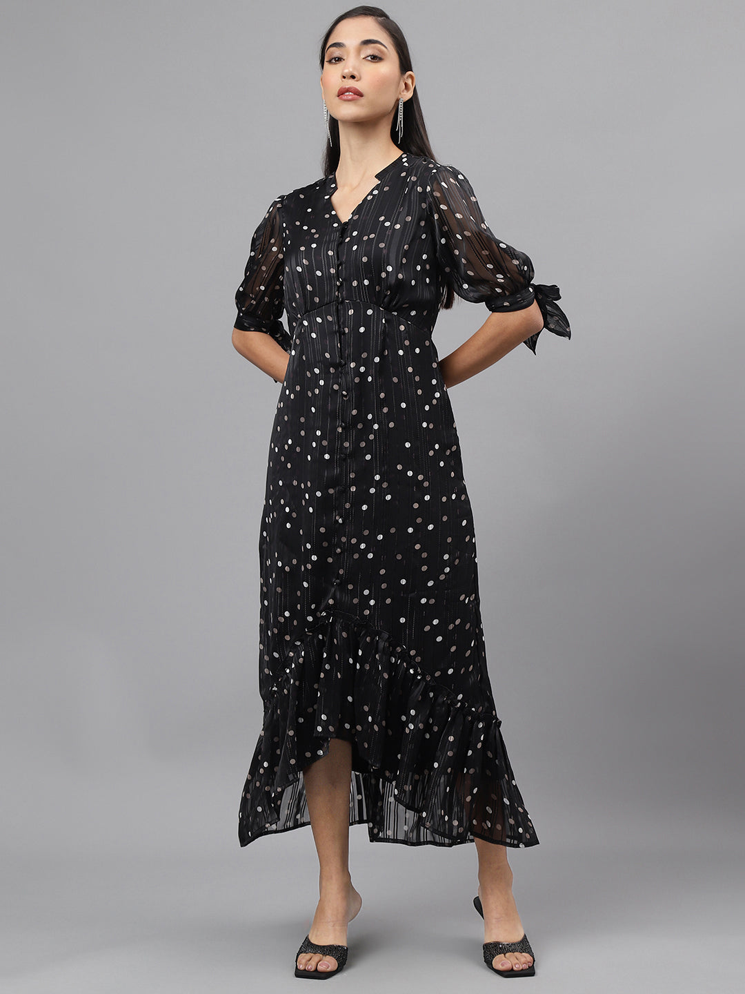 Black Half Sleeve V-Neck Polka Dott Print High Low Dress