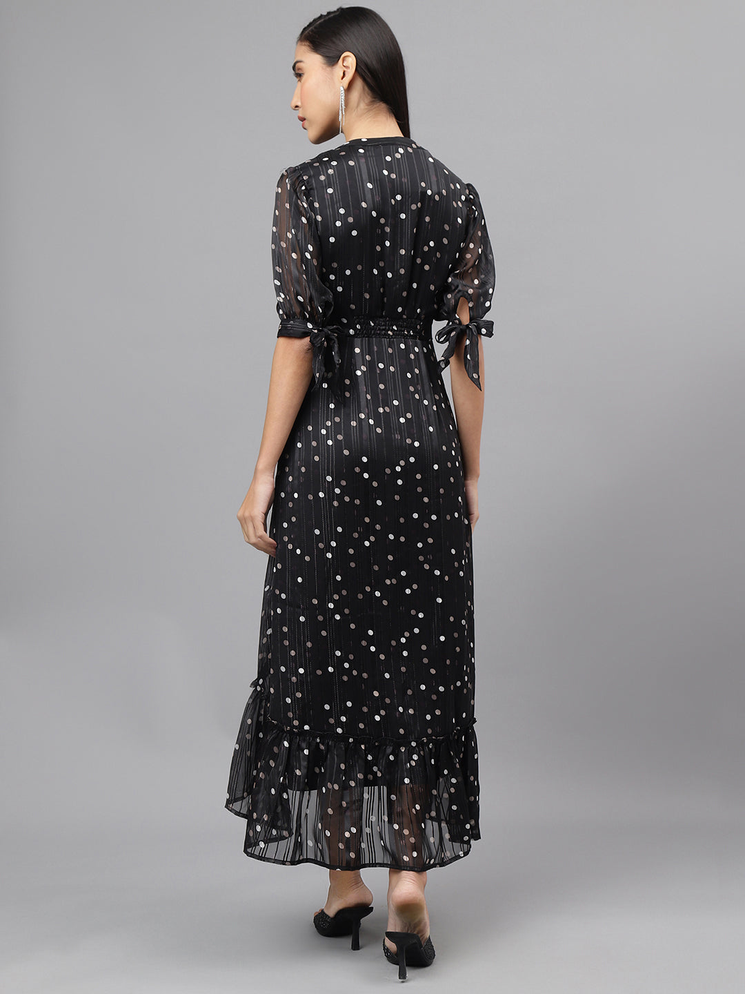 Black Half Sleeve V-Neck Polka Dott Print High Low Dress