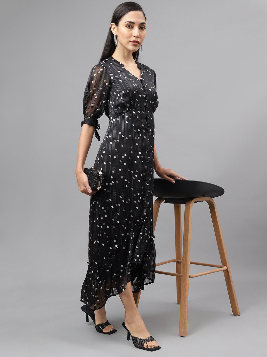 Black Half Sleeve V-Neck Polka Dott Print High Low Dress