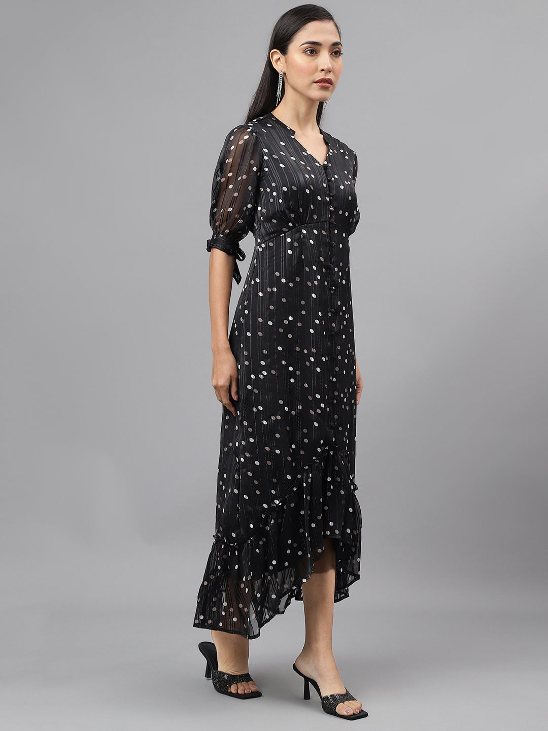 Black Half Sleeve V-Neck Polka Dott Print High Low Dress