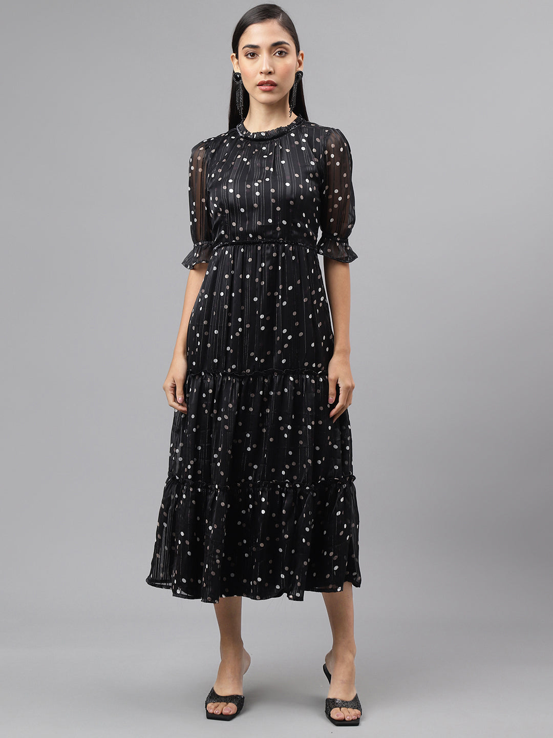 Black Half Sleeve Round Neck Polka Dott Print Maxi Dress