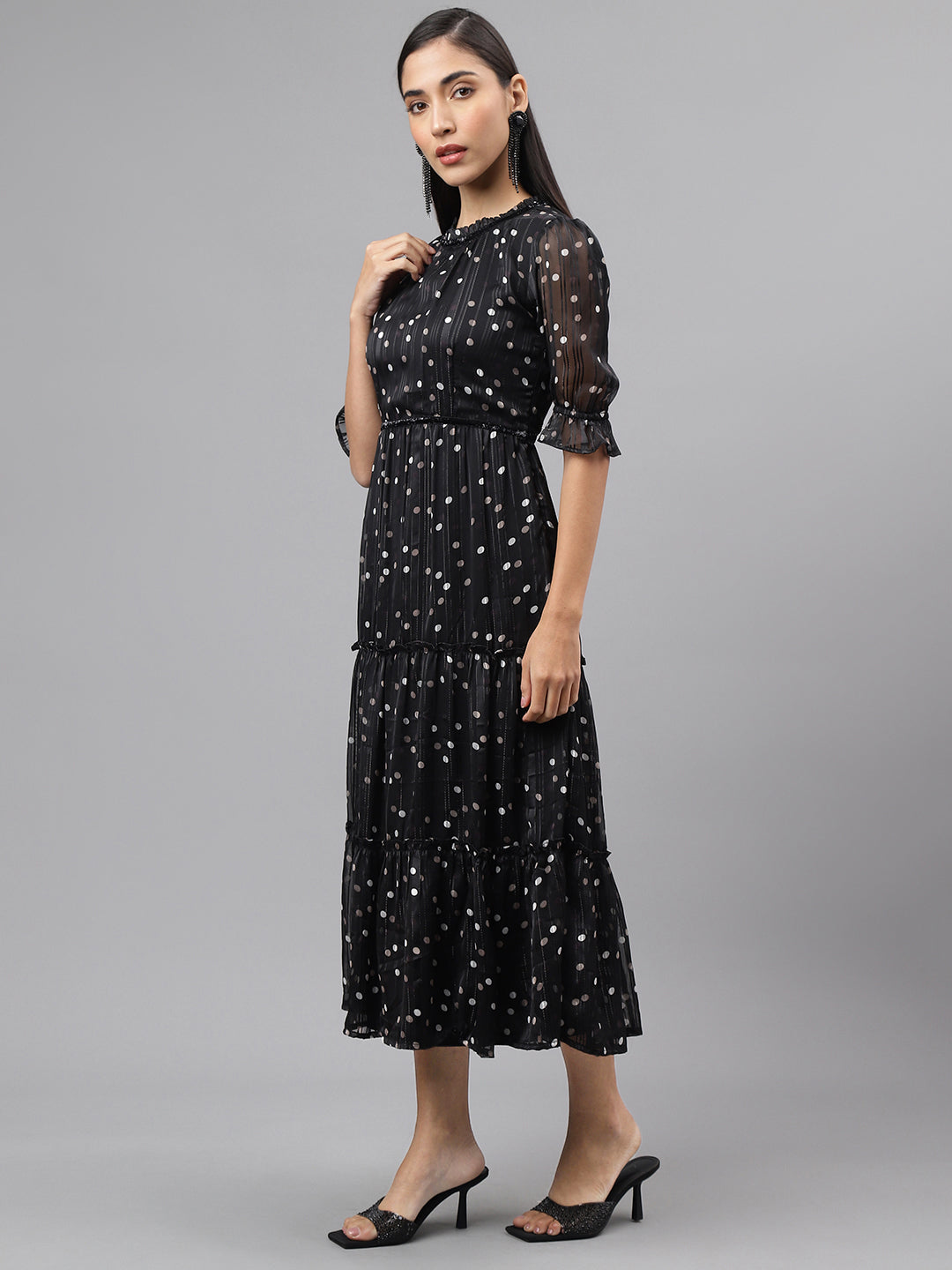 Black Half Sleeve Round Neck Polka Dott Print Maxi Dress