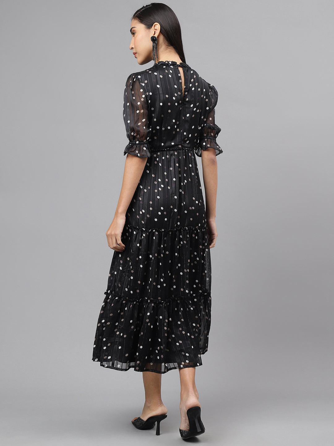 Black Half Sleeve Round Neck Polka Dott Print Maxi Dress