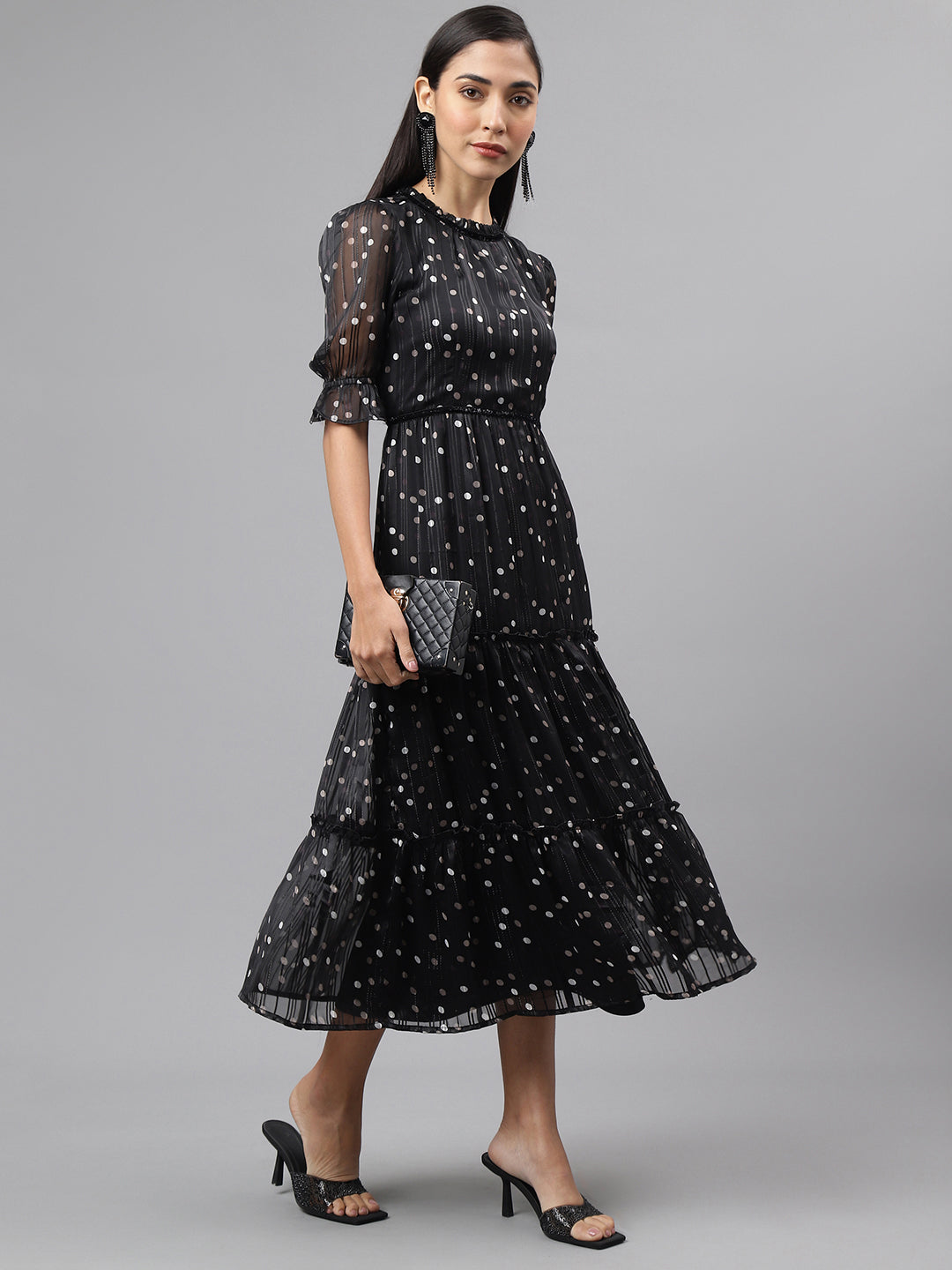 Black Half Sleeve Round Neck Polka Dott Print Maxi Dress