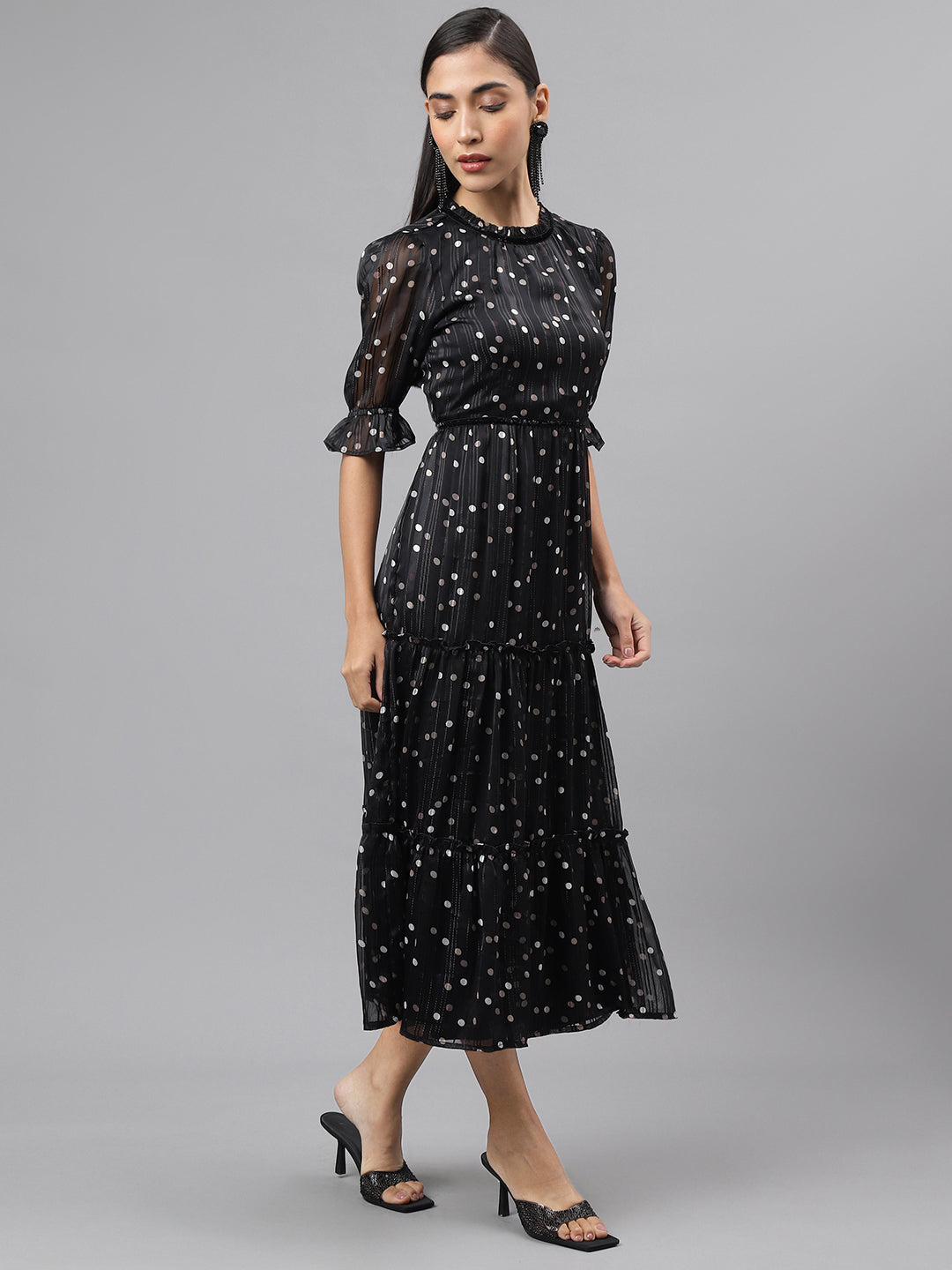 Black Half Sleeve Round Neck Polka Dott Print Maxi Dress