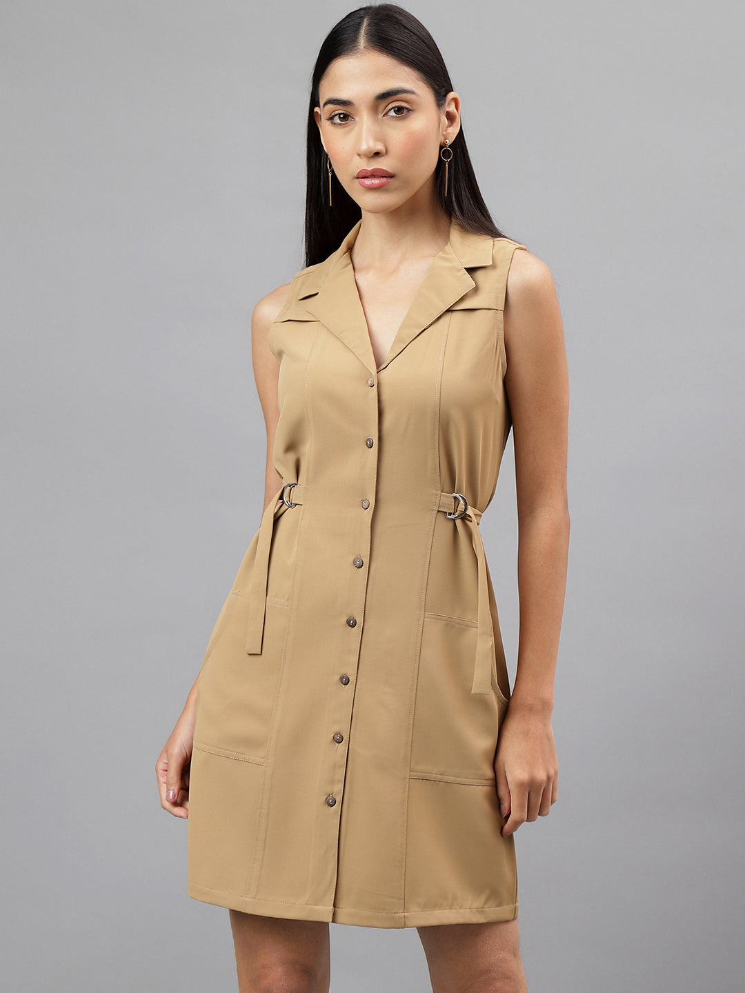 Beige Sleevless Collar Neck Solid Shirt Dress